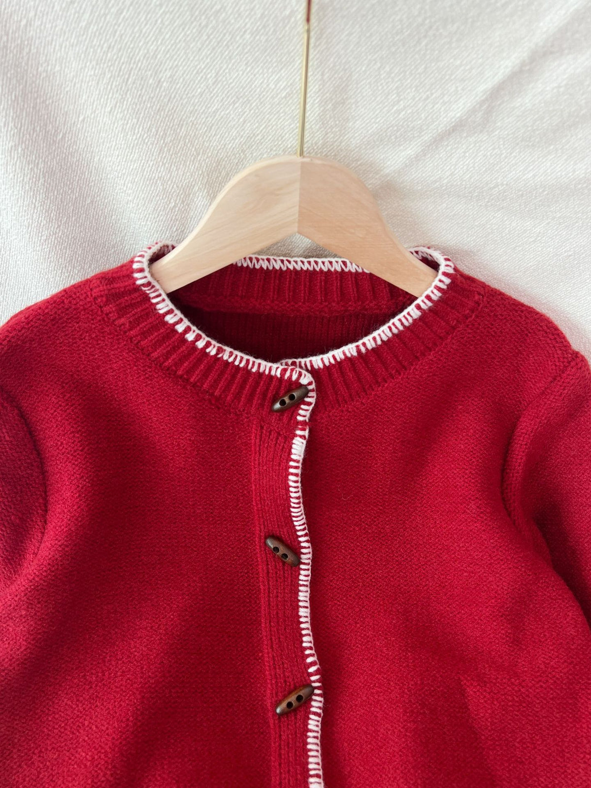 Contrast Trim Crew Neck Knit Cardigan - Red - 1