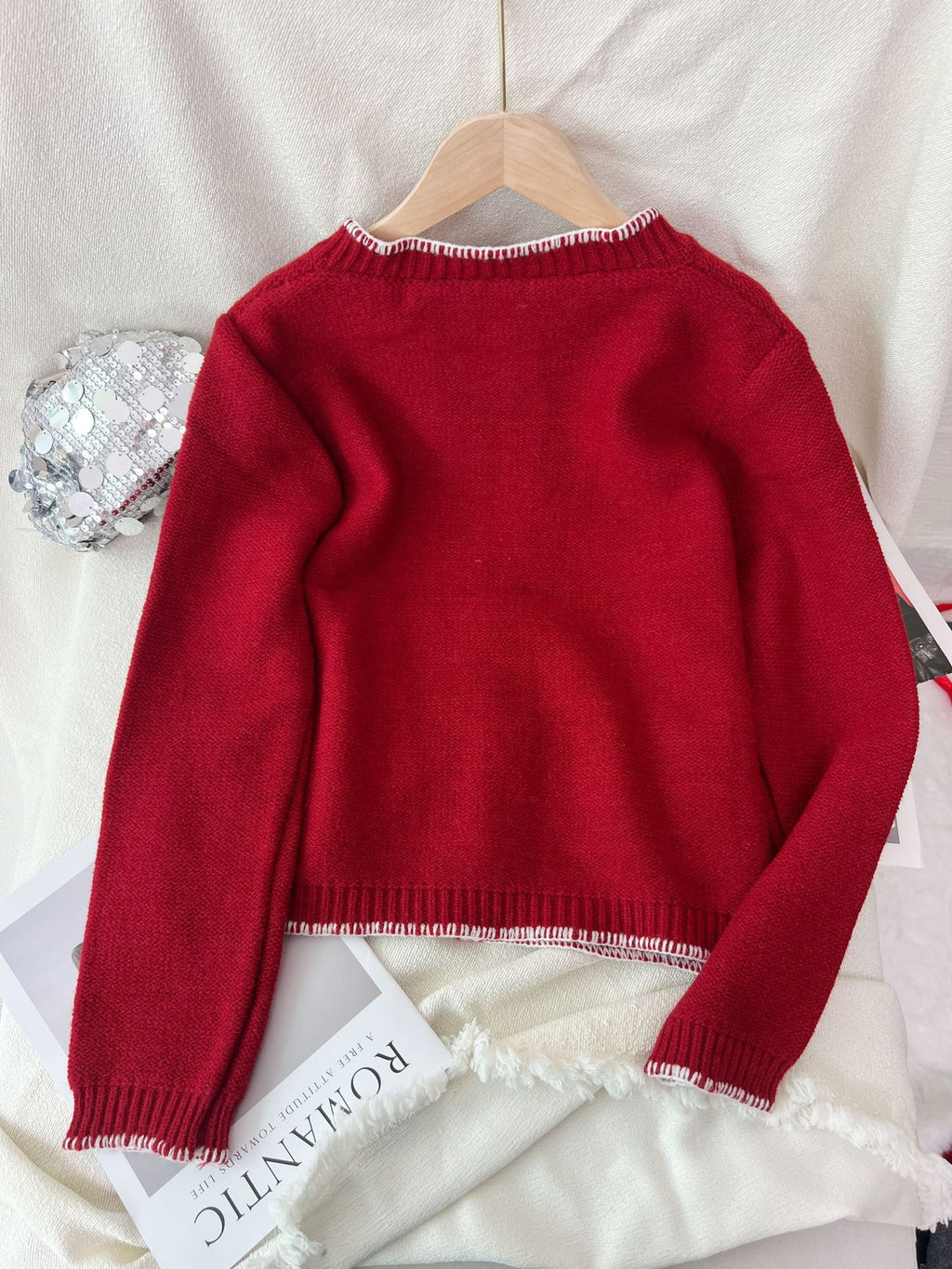 Contrast Trim Crew Neck Knit Cardigan - Red - 3