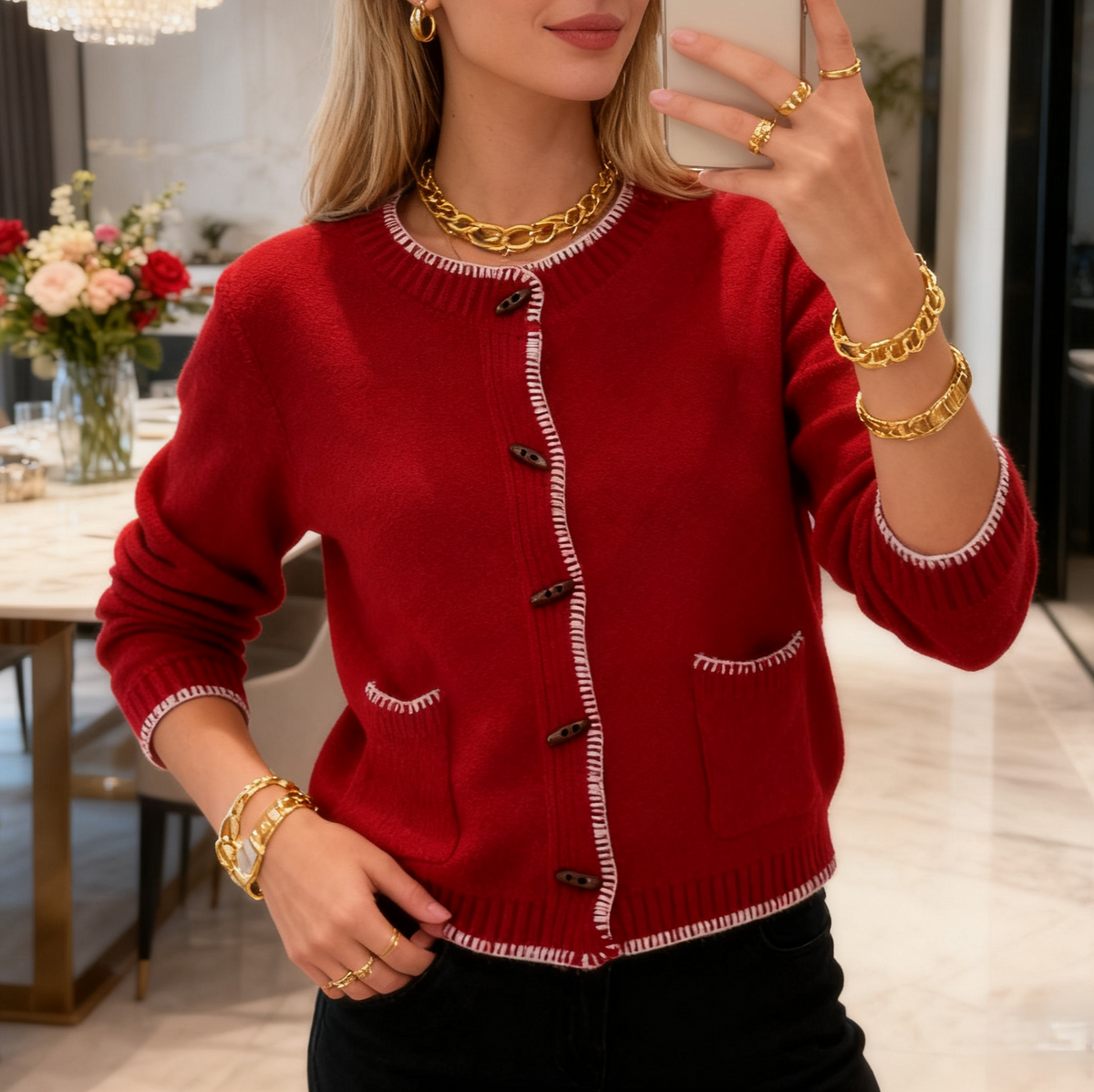 Contrast Trim Crew Neck Knit Cardigan - view 1