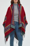 Bordered Fringe Hooded Ruana Cape Wrap - red