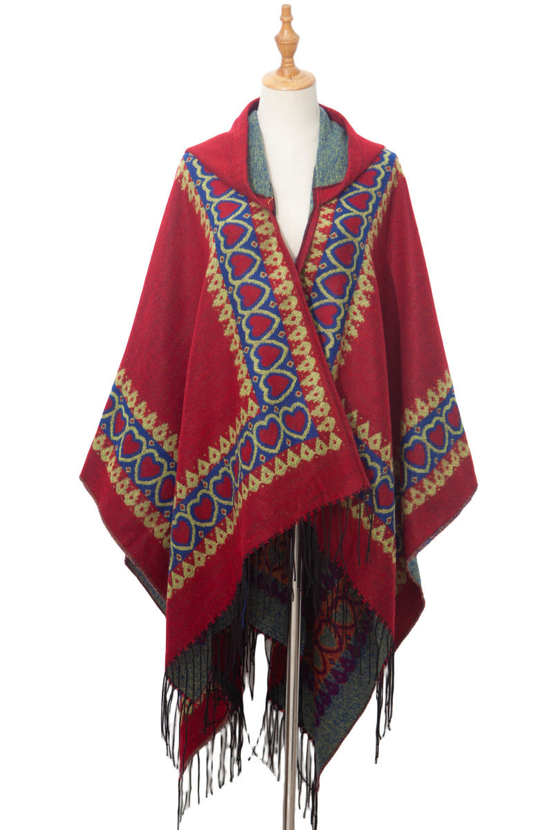 Bordered Fringe Hooded Ruana Cape Wrap - red - 1
