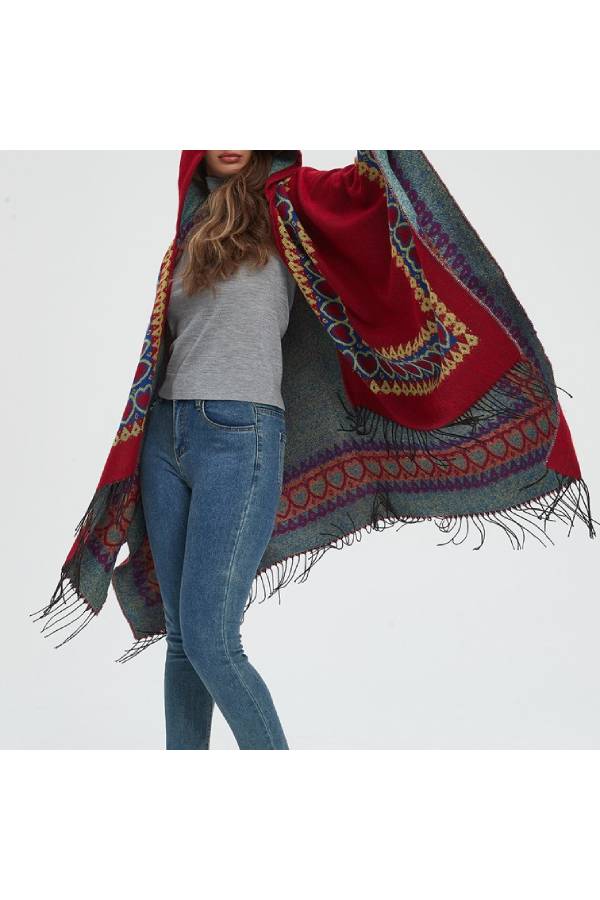 Bordered Fringe Hooded Ruana Cape Wrap - red - 12