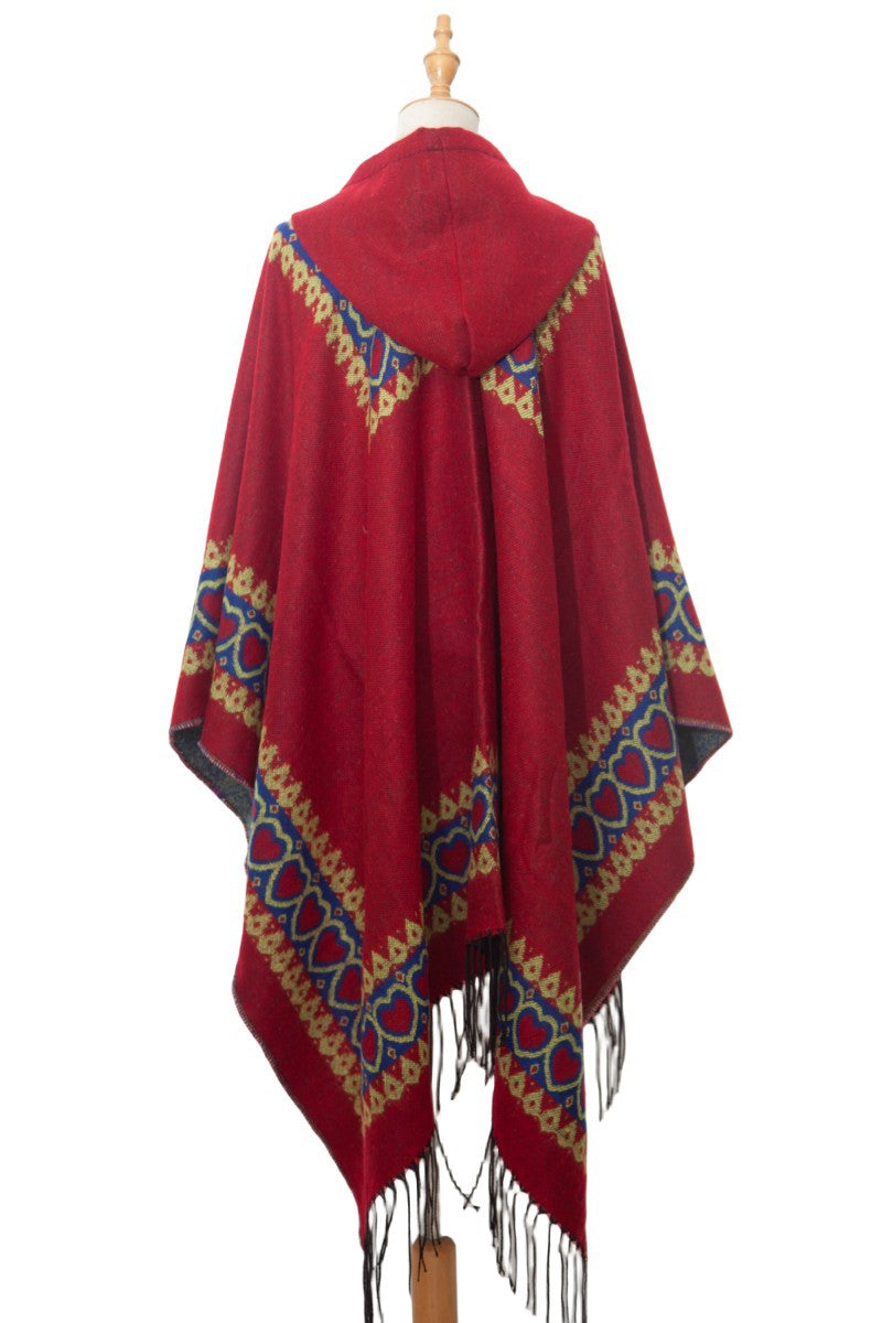 Bordered Fringe Hooded Ruana Cape Wrap - red - 2