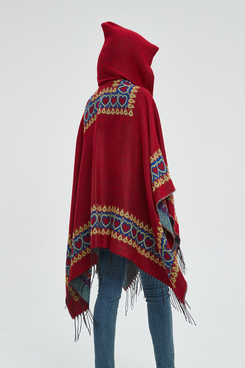 Bordered Fringe Hooded Ruana Cape Wrap - red - 3