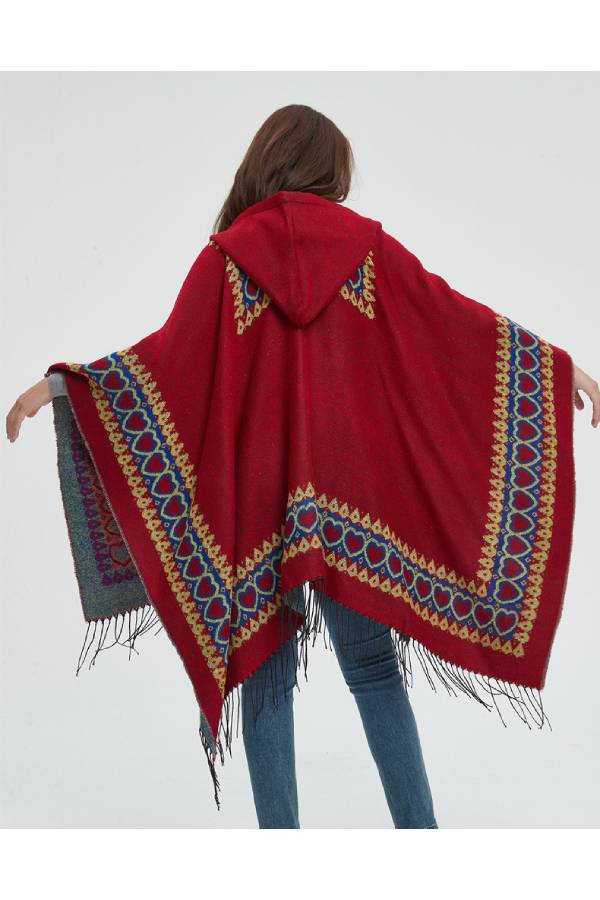 Bordered Fringe Hooded Ruana Cape Wrap - red - 4