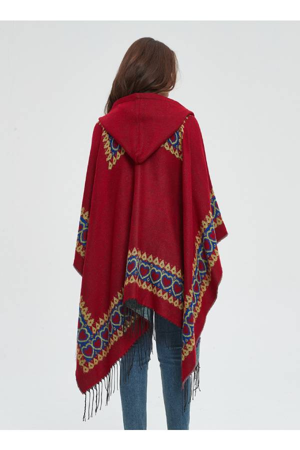 Bordered Fringe Hooded Ruana Cape Wrap - red - 5
