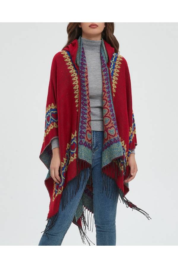 Bordered Fringe Hooded Ruana Cape Wrap - red - 6