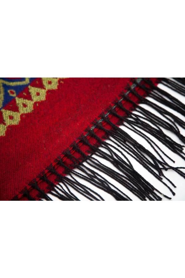 Bordered Fringe Hooded Ruana Cape Wrap - red - 8