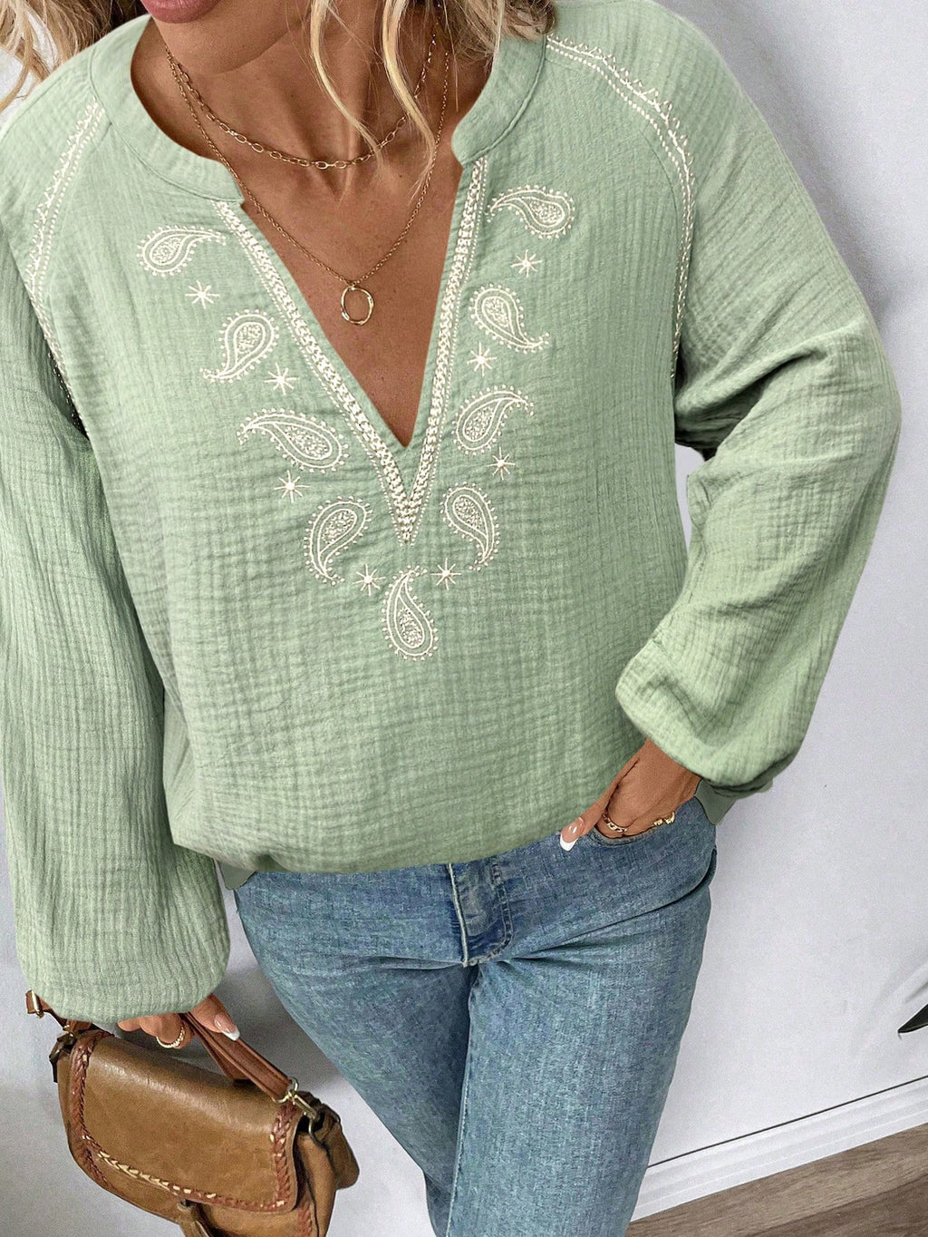 Embroidered V Neck Crinkle Cotton Blouse - Matcha