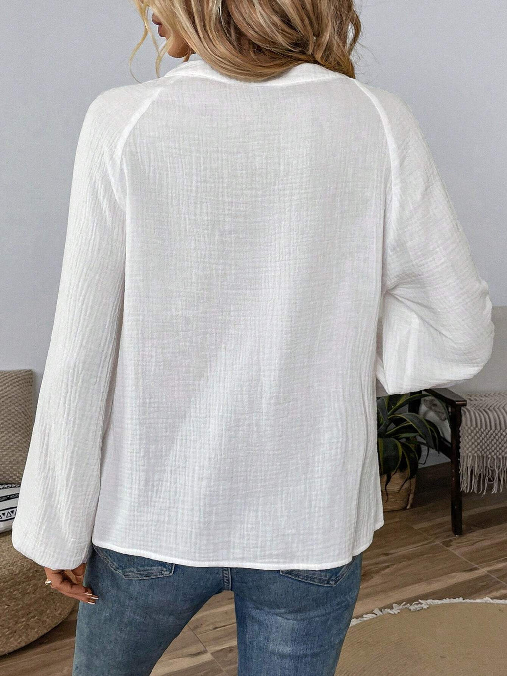 Embroidered V Neck Crinkle Cotton Blouse - White - 1