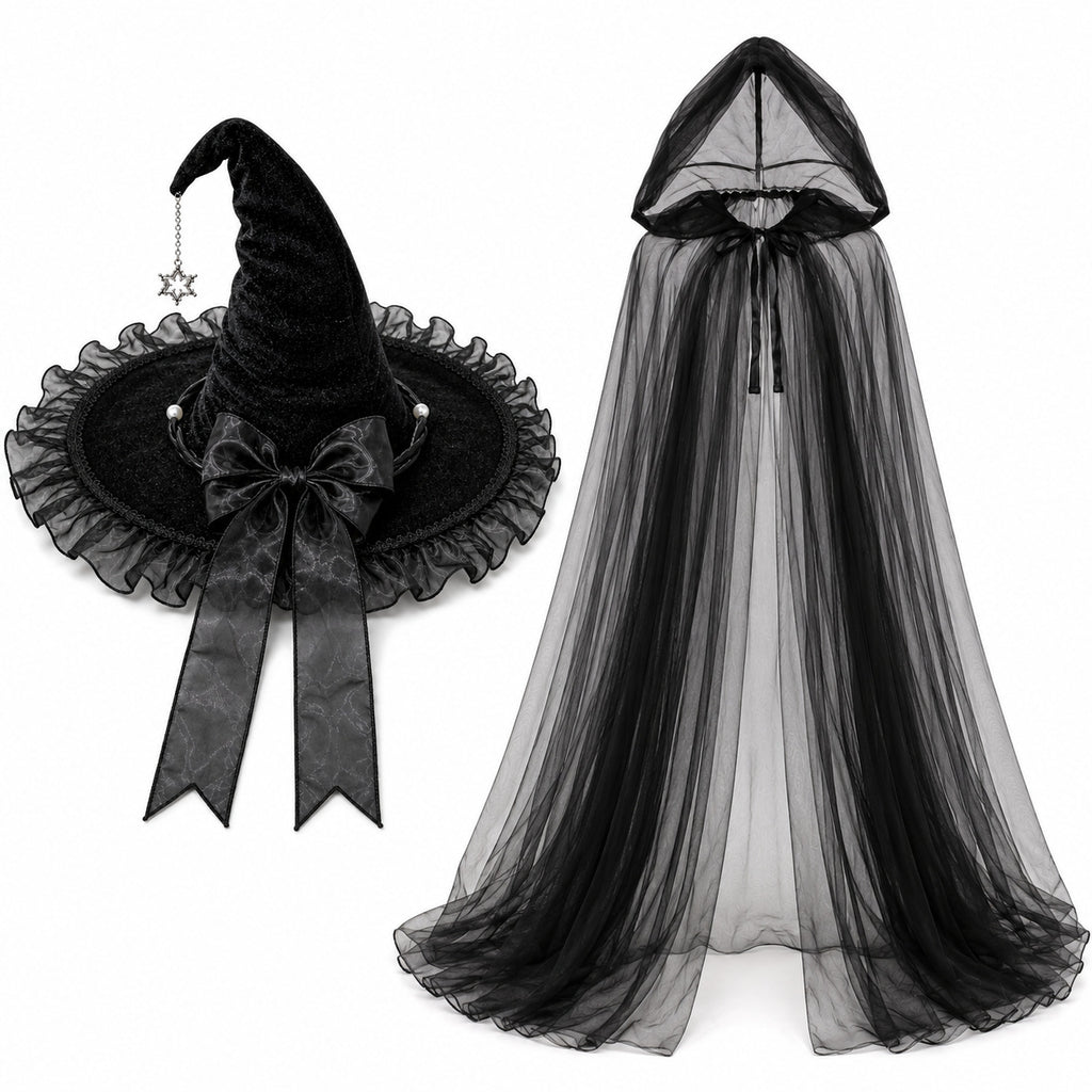 Witch Hat With Sheer Hooded Cape Set - Black