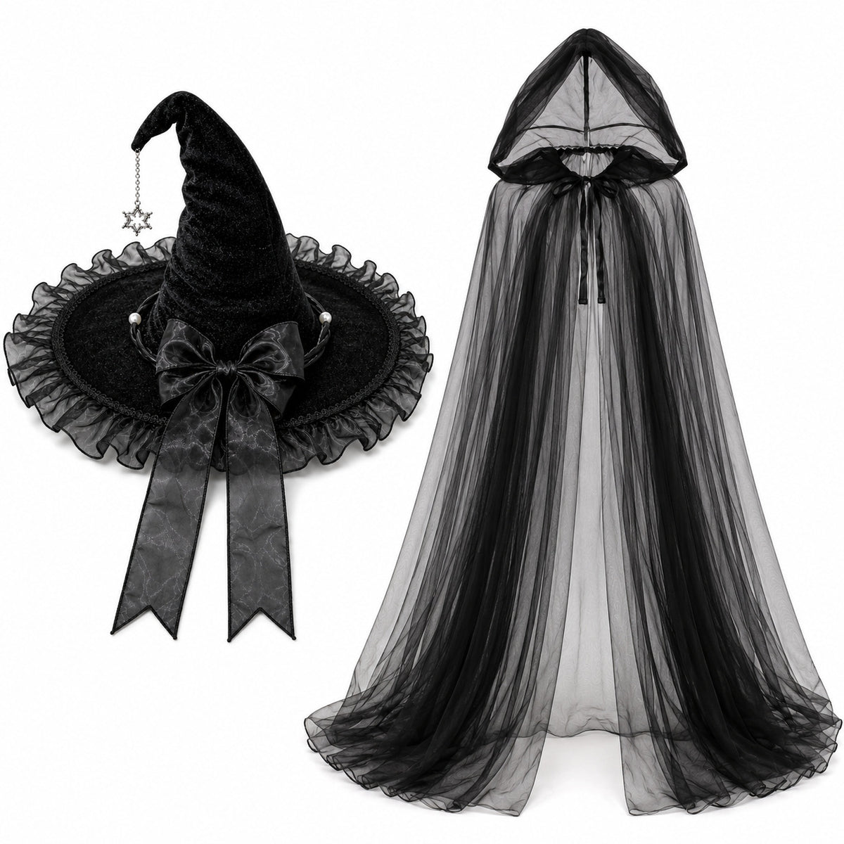 Witch Hat With Sheer Hooded Cape Set - Black