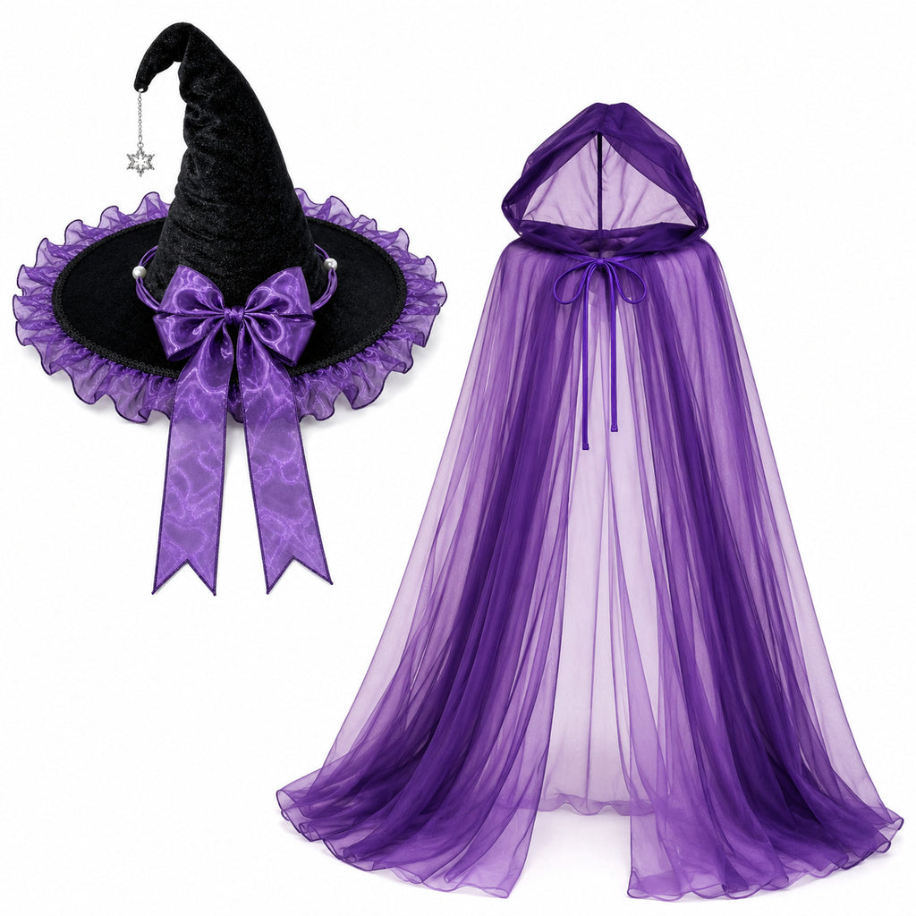 Witch Hat With Sheer Hooded Cape Set - Purple