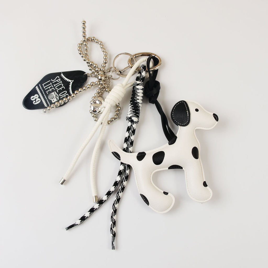 Faux Leather Dalmatian Bag Charm Keychain - White