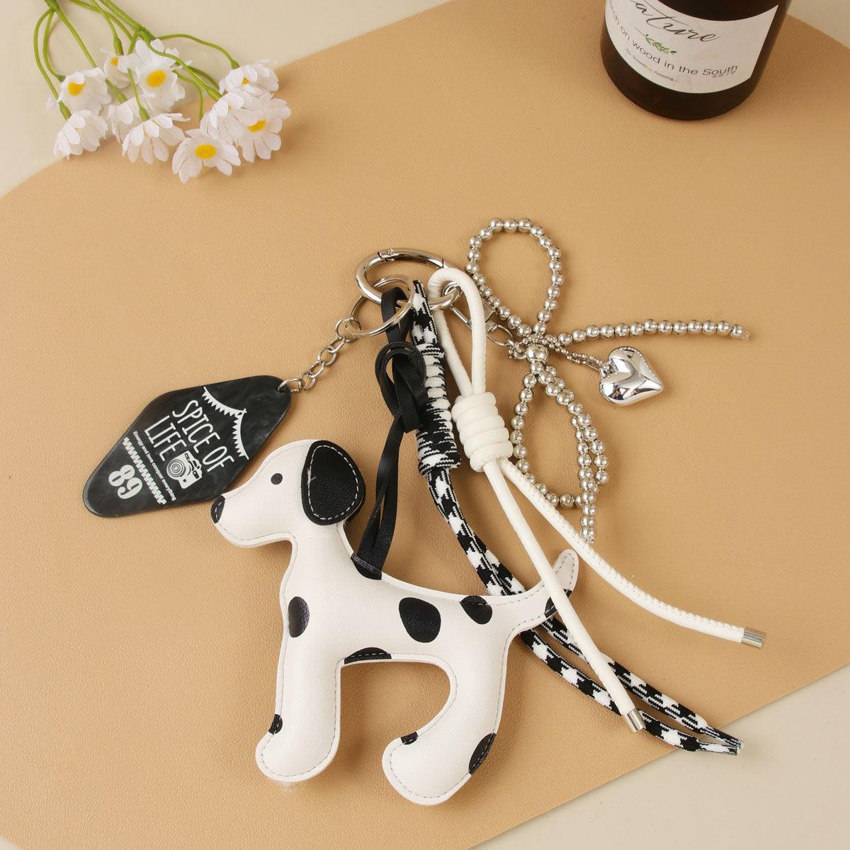 Faux Leather Dalmatian Bag Charm Keychain - White - 2