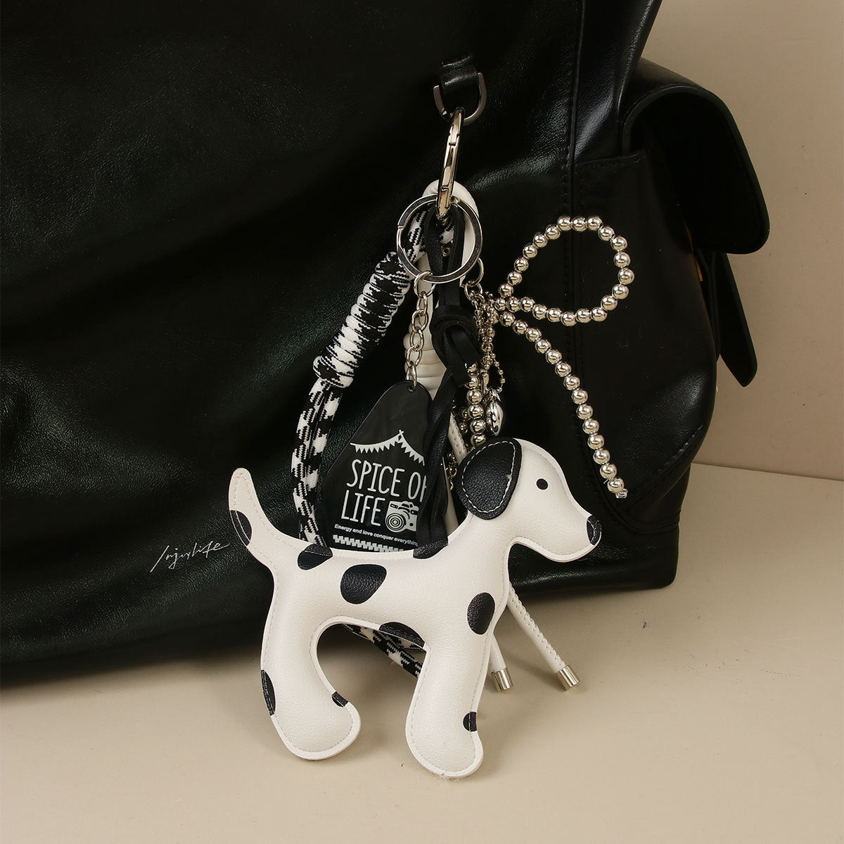 Faux Leather Dalmatian Bag Charm Keychain - White - 3