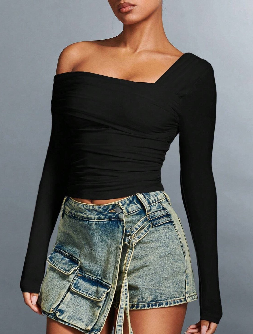 Asymmetric Off Shoulder Ruched Crop Top - Black