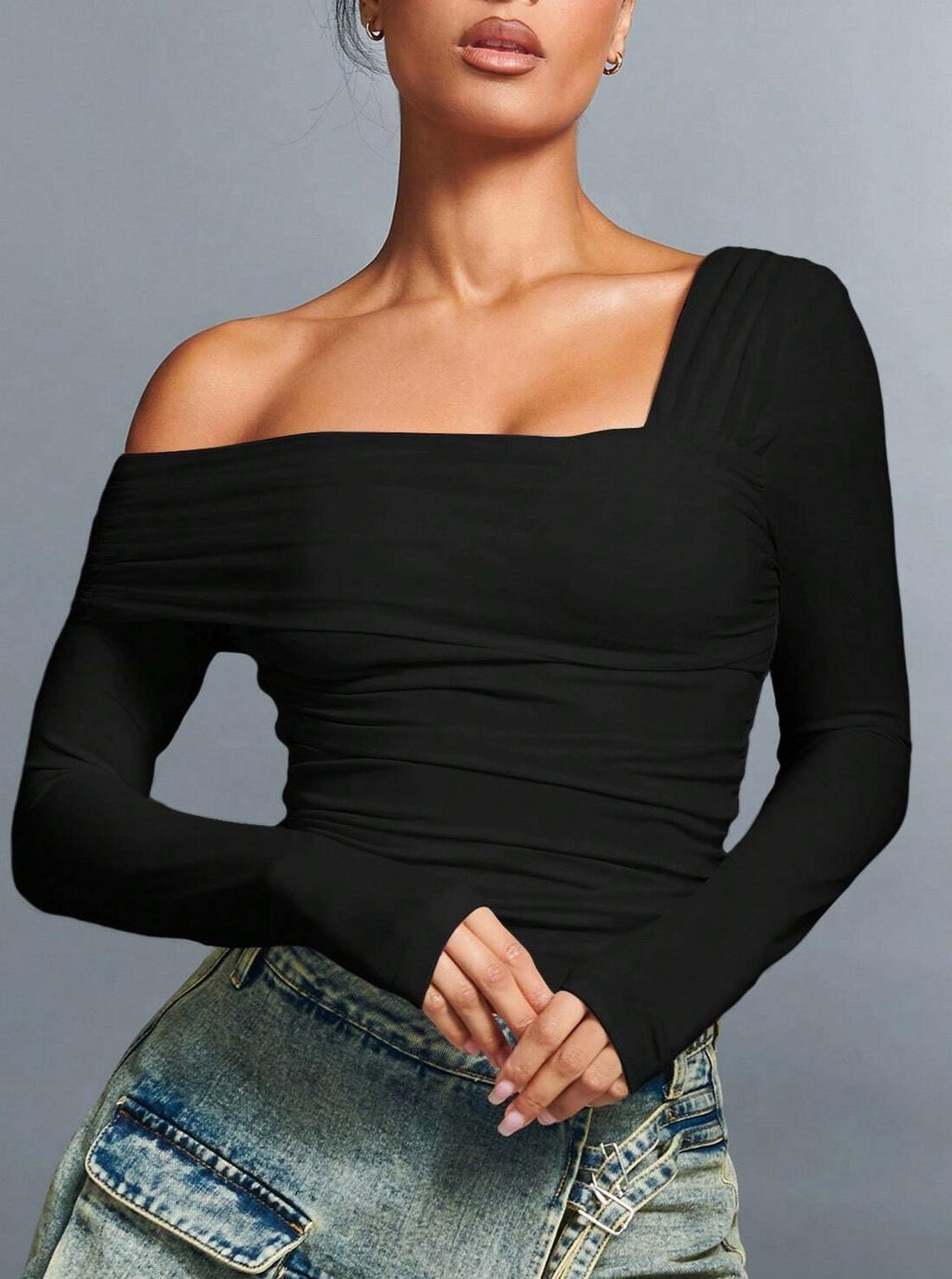 Asymmetric Off Shoulder Ruched Crop Top - view 1