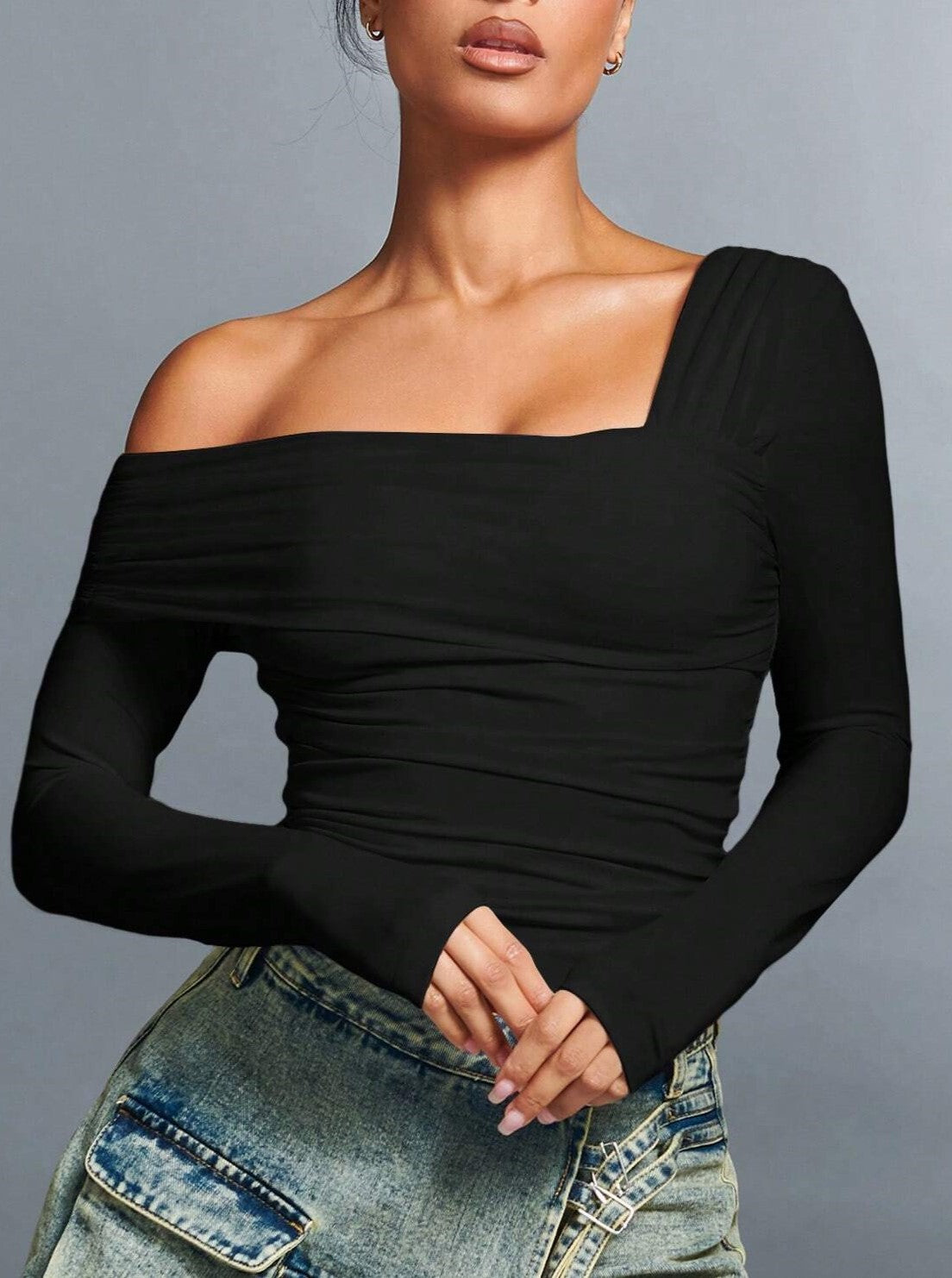 Asymmetric Off Shoulder Ruched Crop Top - view 1