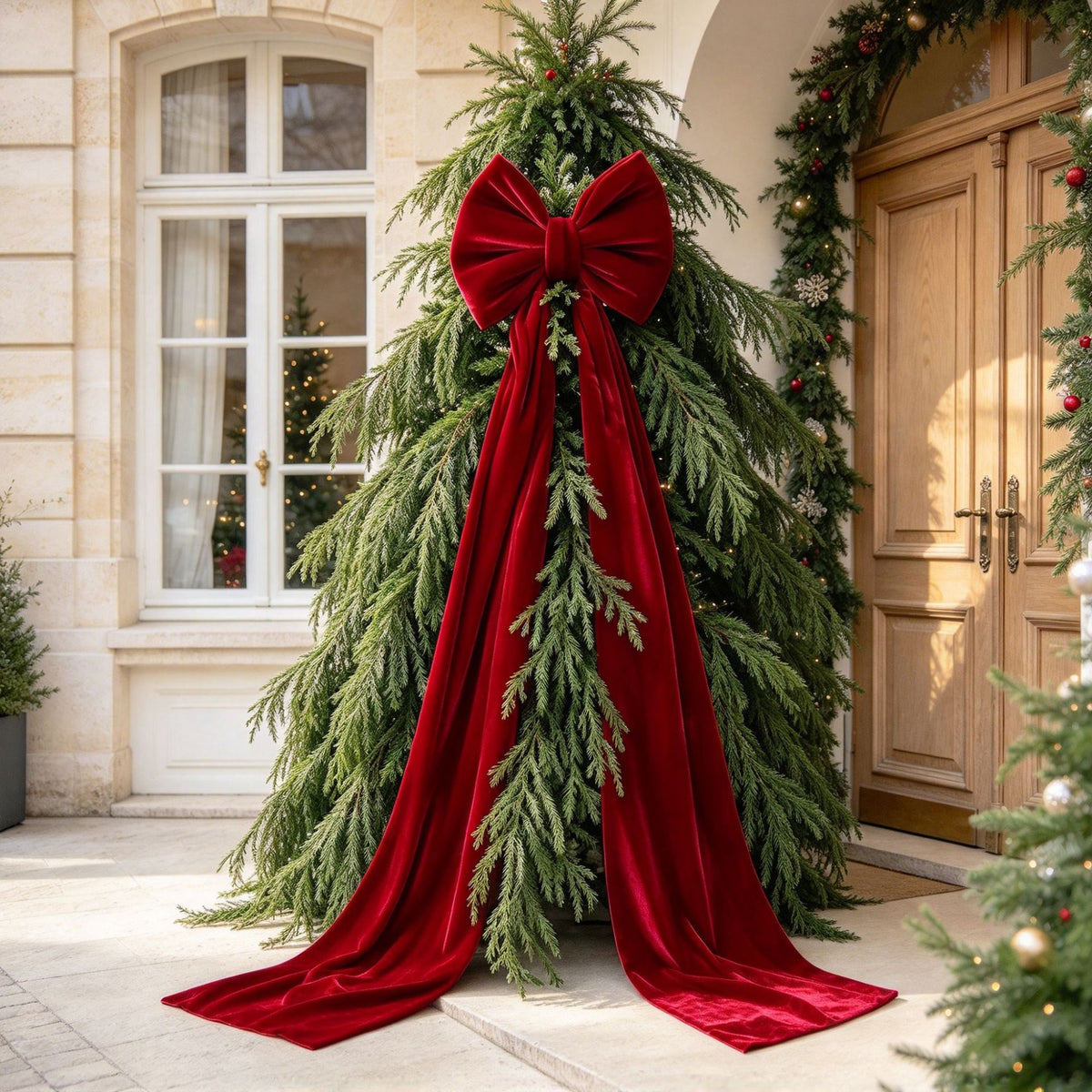 Plush Velvet Long Tail Christmas Tree Topper Bow - Red-3
