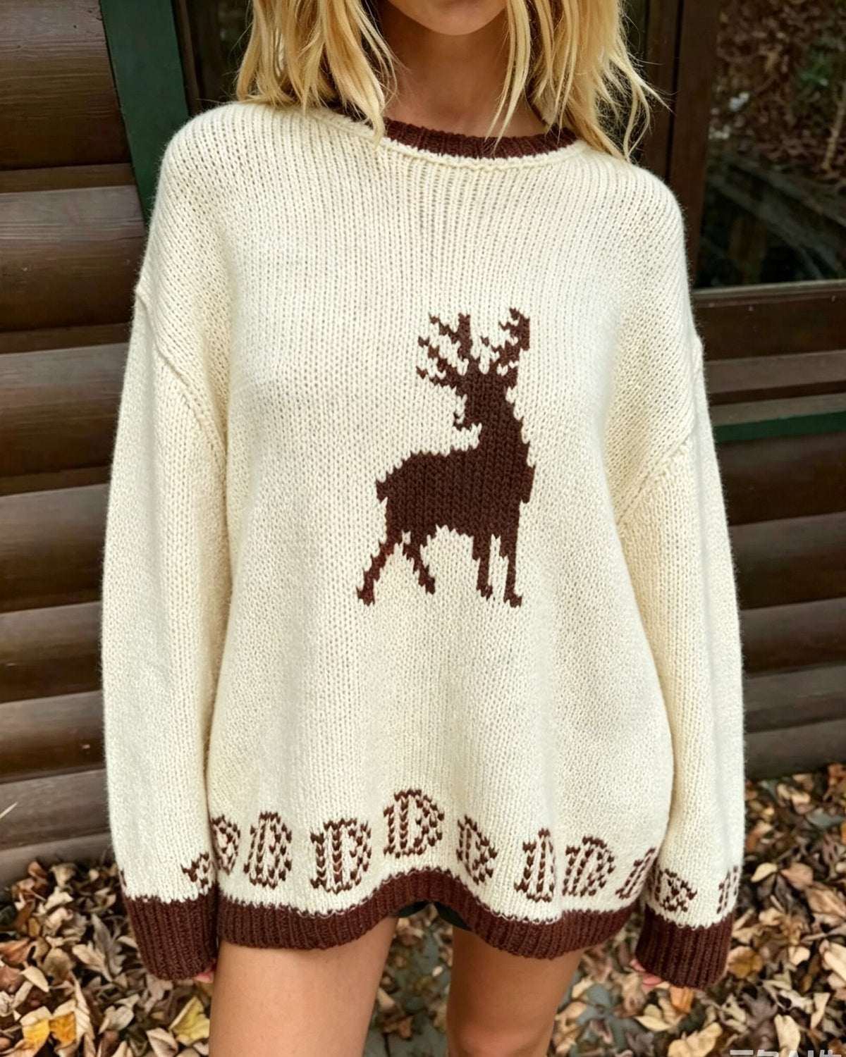 Nordic Reindeer Motif Oversized Knit Sweater - Coffee