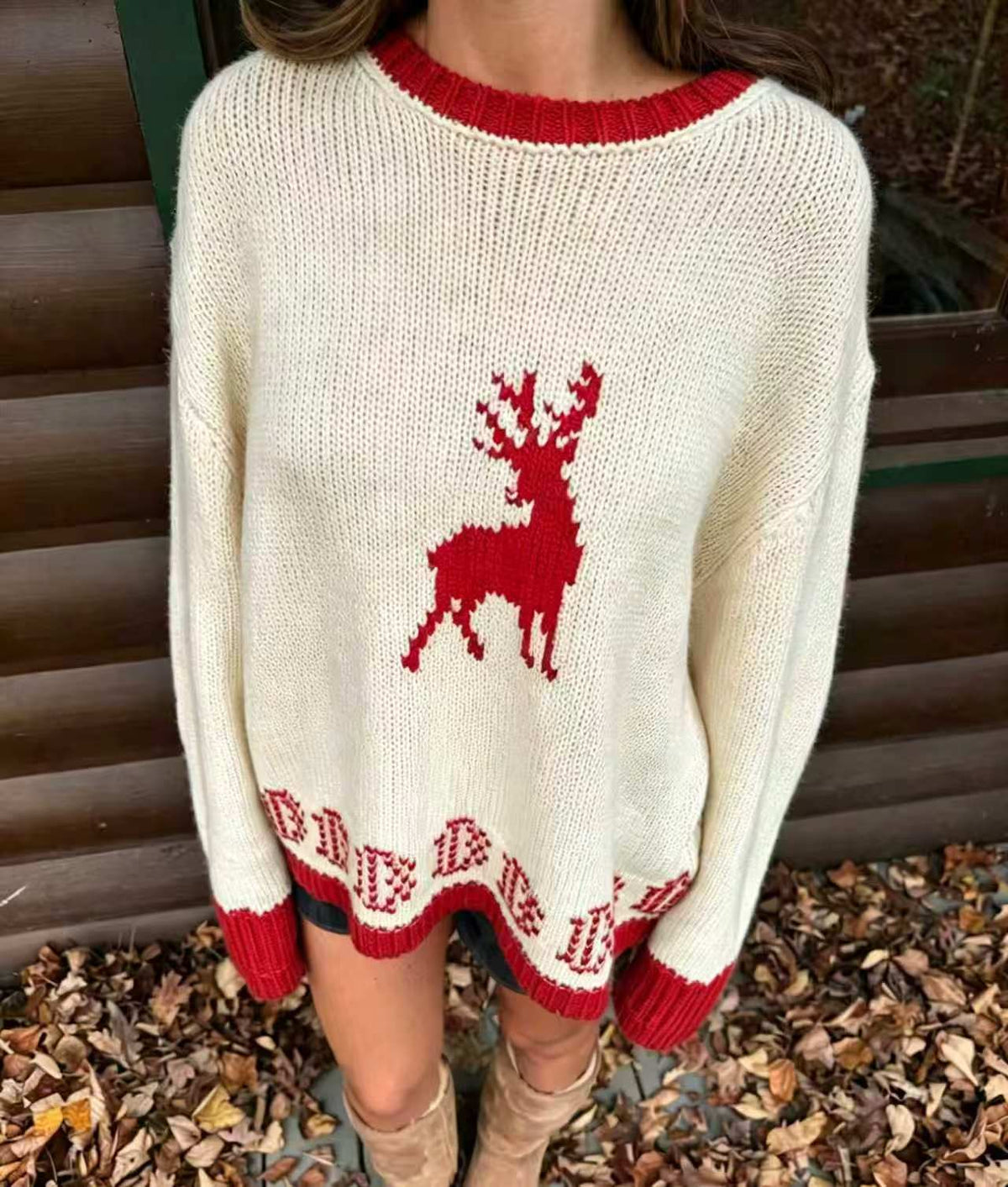 Nordic Reindeer Motif Oversized Knit Sweater - Red