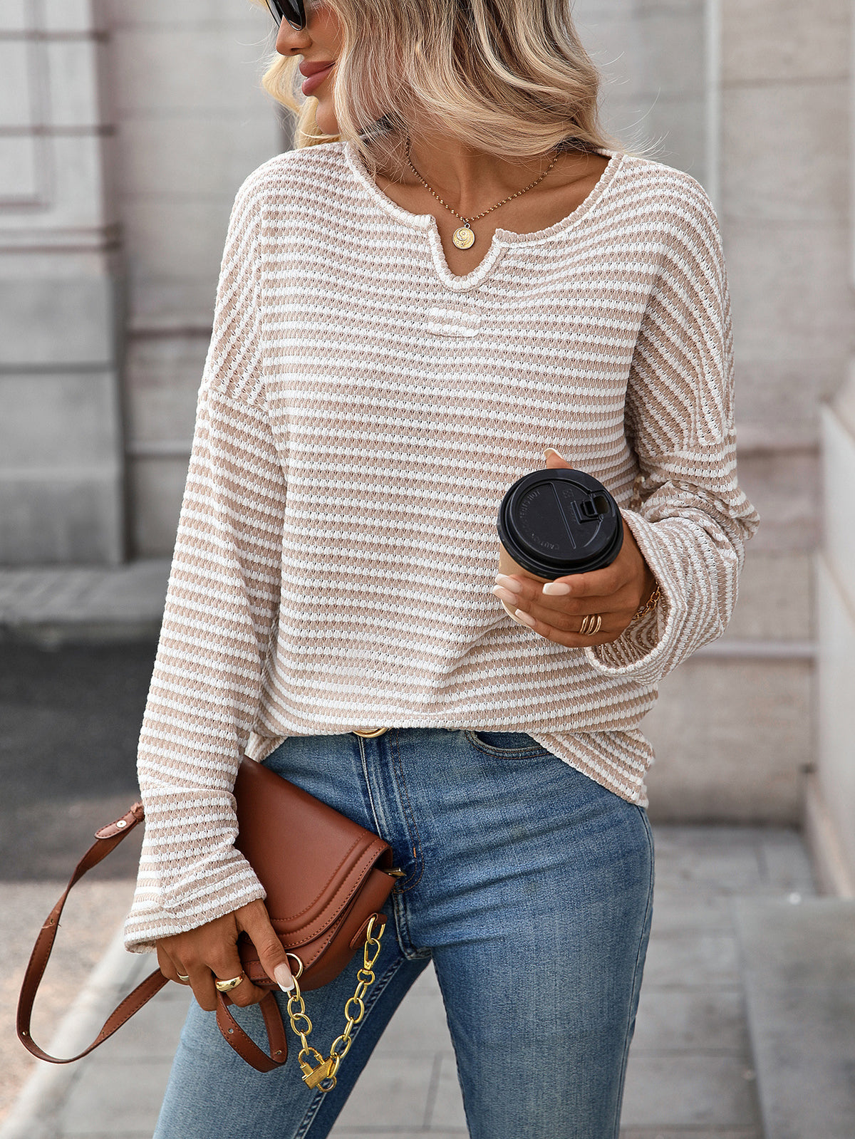 Notch Neck Waffle Knit Drop Shoulder Tee - Apricot - 3