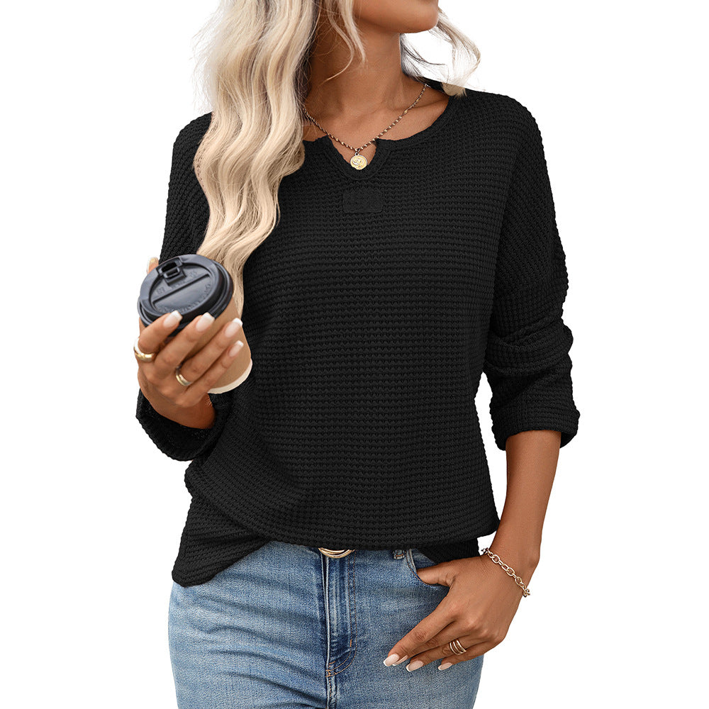 Notch Neck Waffle Knit Drop Shoulder Tee - Black