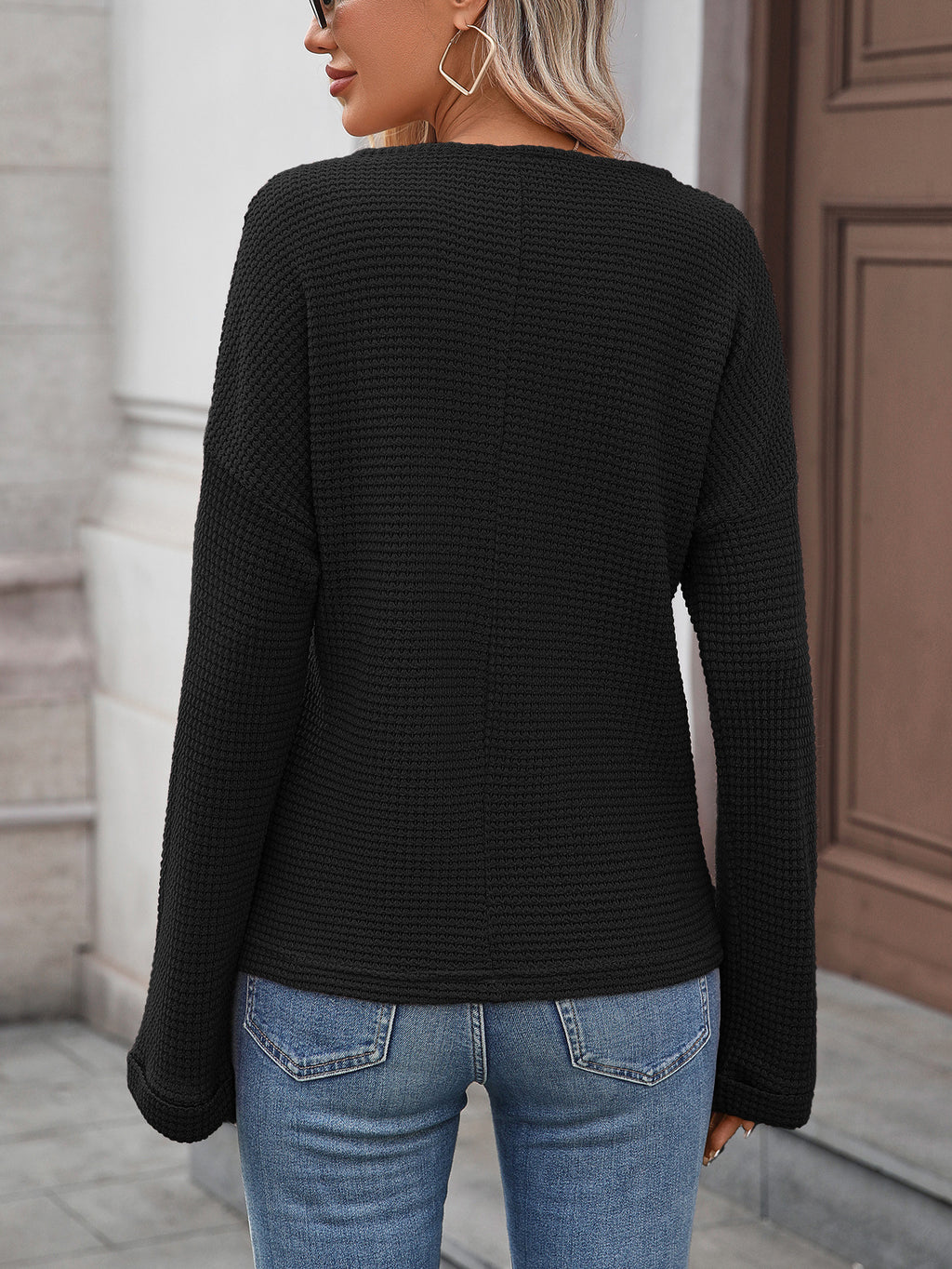 Notch Neck Waffle Knit Drop Shoulder Tee - Black - 3