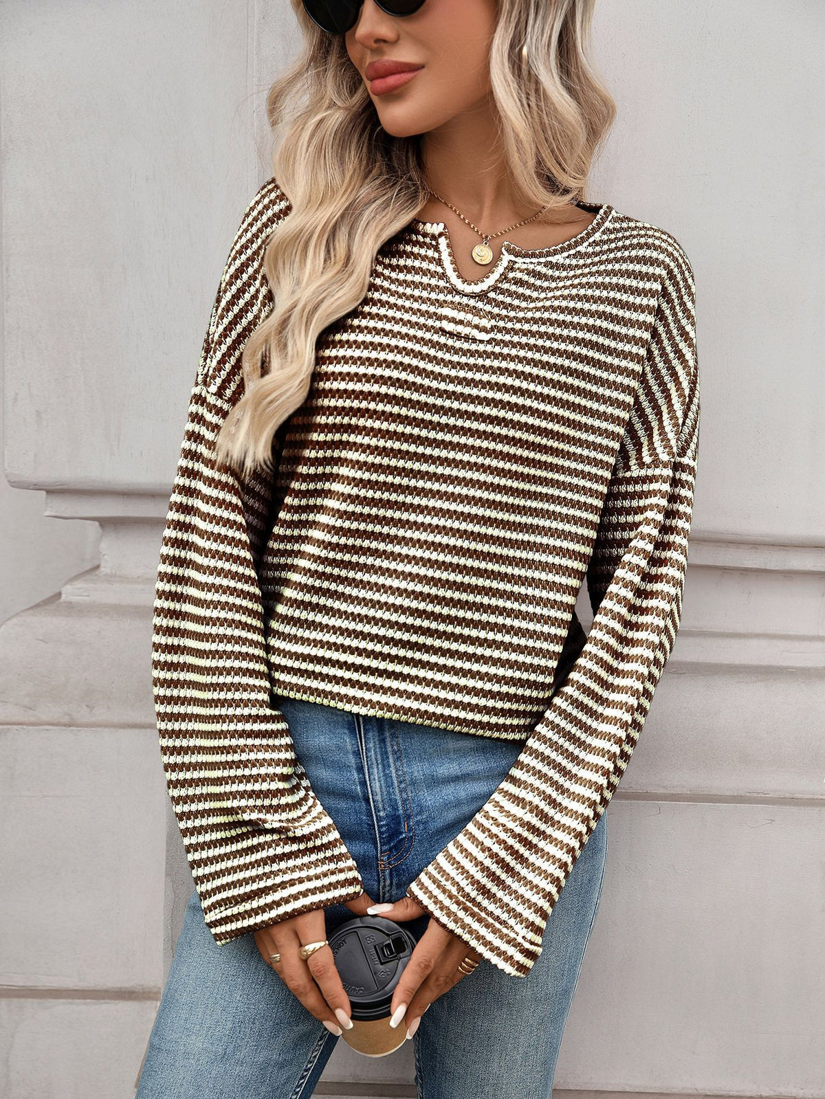 Notch Neck Waffle Knit Drop Shoulder Tee - Brown - 4