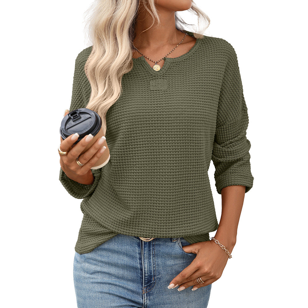 Notch Neck Waffle Knit Drop Shoulder Tee - Olive