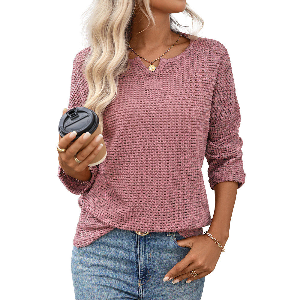 Notch Neck Waffle Knit Drop Shoulder Tee - Rosewood