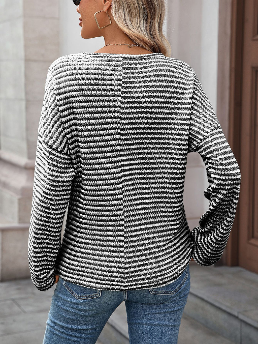 Notch Neck Waffle Knit Drop Shoulder Tee - StripeBlack - 2