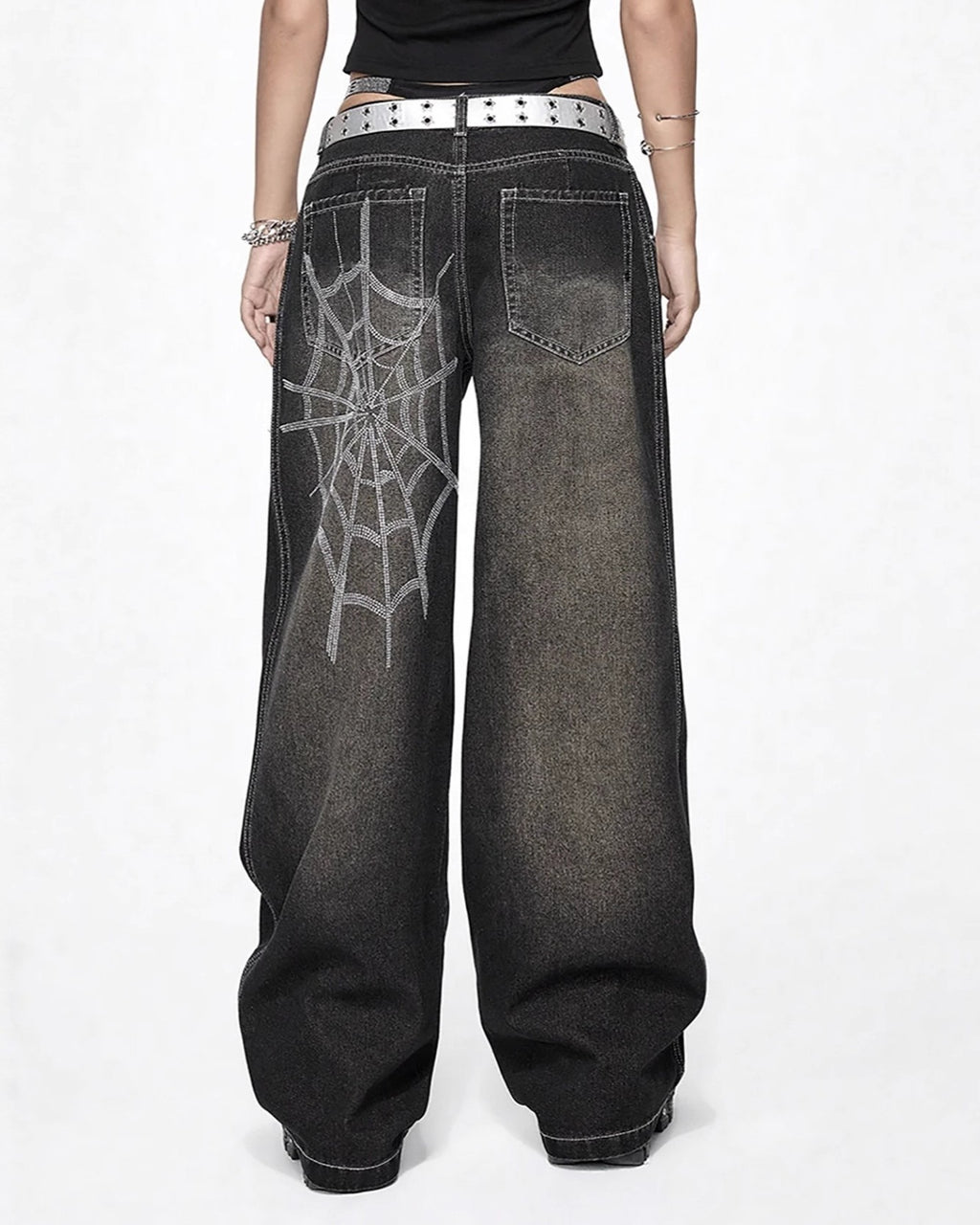 Spiderweb Print Baggy Wide Leg Jeans - Black