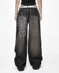 Spiderweb Print Baggy Wide Leg Jeans - Black