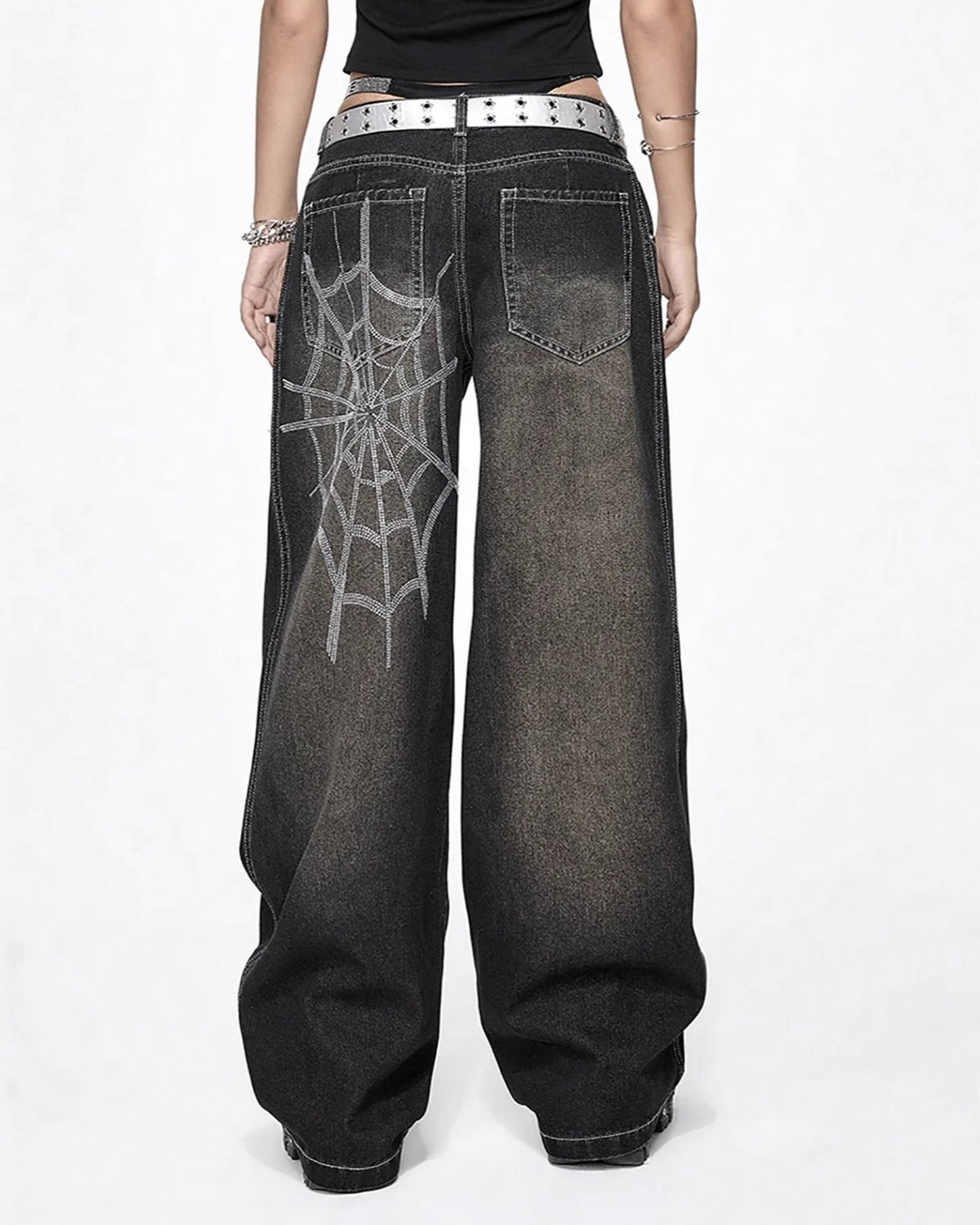 Spiderweb Print Baggy Wide Leg Jeans - Black