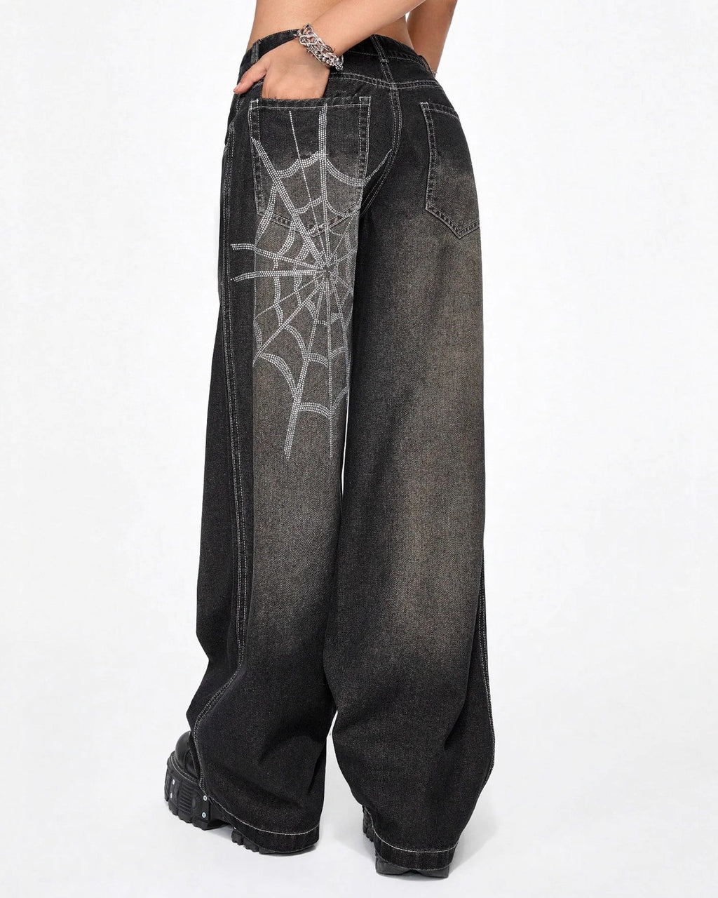 Spiderweb Print Baggy Wide Leg Jeans - Black - 1