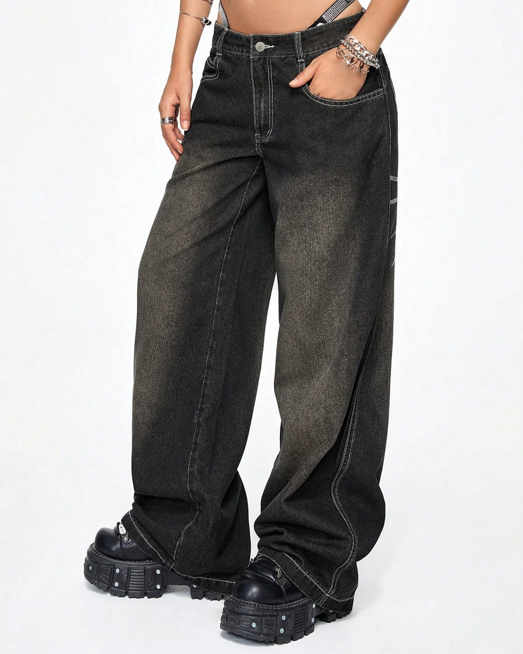Spiderweb Print Baggy Wide Leg Jeans - Black - 2