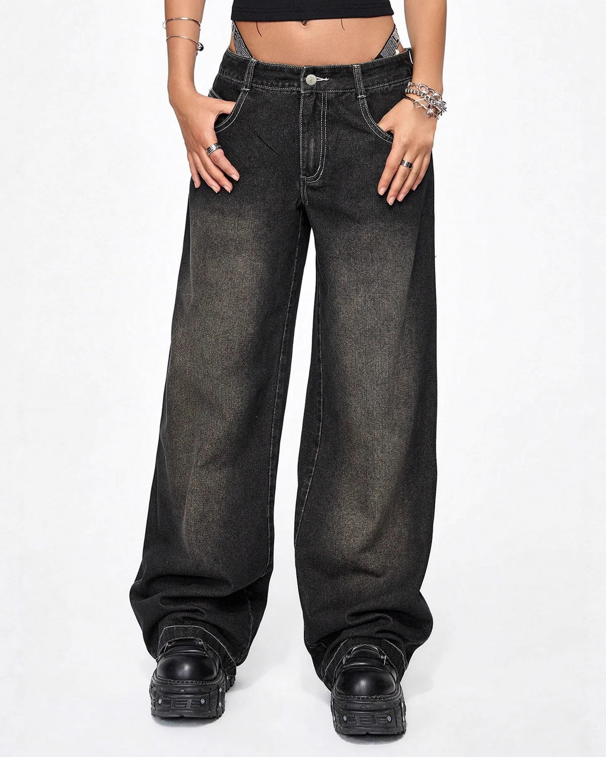 Spiderweb Print Baggy Wide Leg Jeans - Black - 3