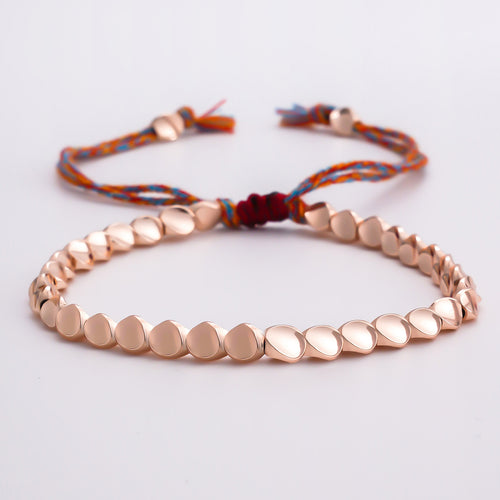 Adjustable Woven Cord Bracelet With Beads - RoseGold