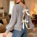 Open Back Double Bow Knit Sweater - Grey