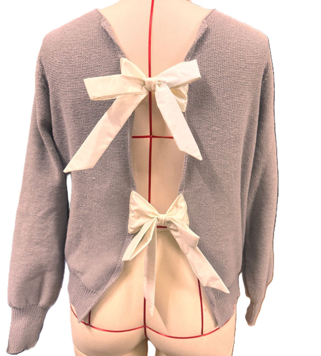 Open Back Double Bow Knit Sweater - Grey - 2