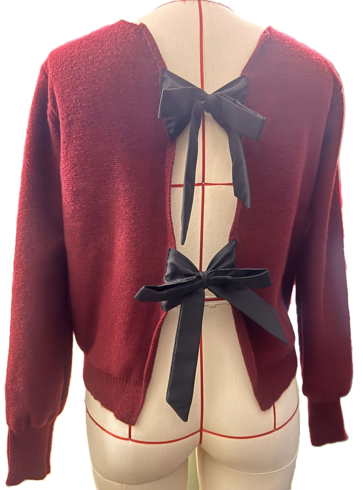 Open Back Double Bow Knit Sweater - Winered