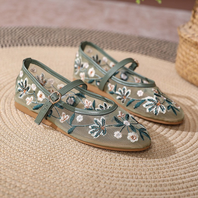 Embroidered Mesh Mary Jane Flats - Sage Green