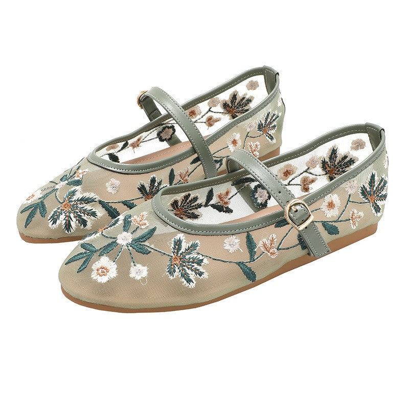 Embroidered Mesh Mary Jane Flats