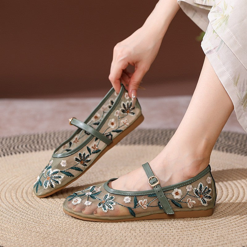 Embroidered Mesh Mary Jane Flats