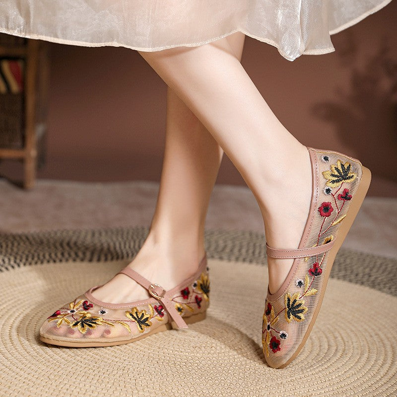 Embroidered Mesh Mary Jane Flats