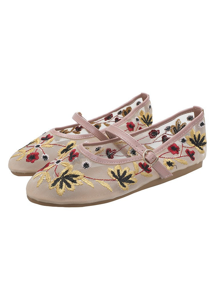 Embroidered Mesh Mary Jane Flats