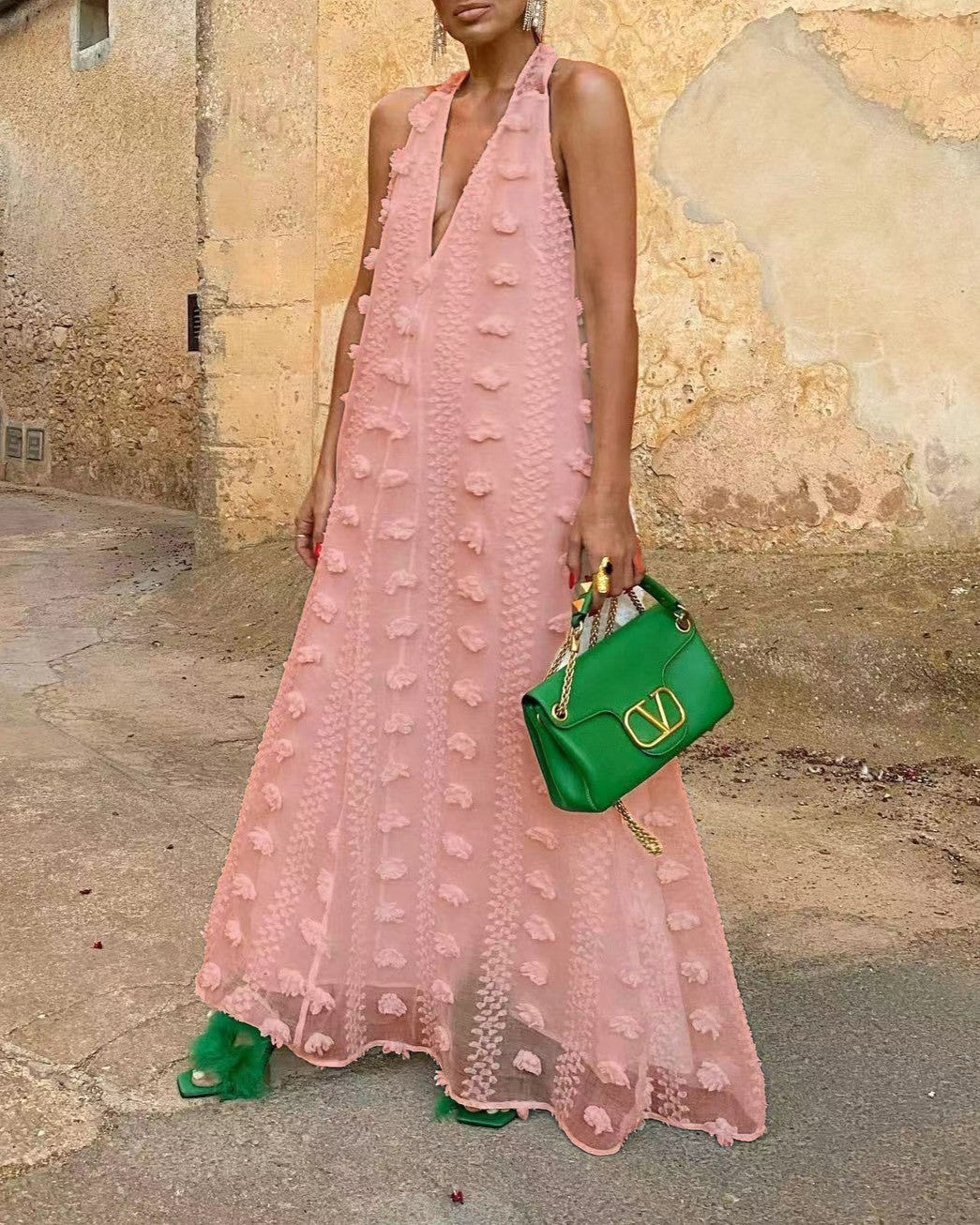 Halter V Neck Pom Applique Maxi Dress - Pink