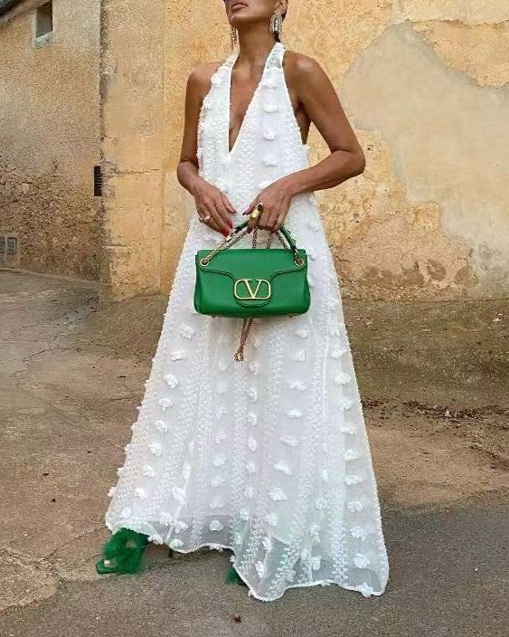 Halter V Neck Pom Applique Maxi Dress - White